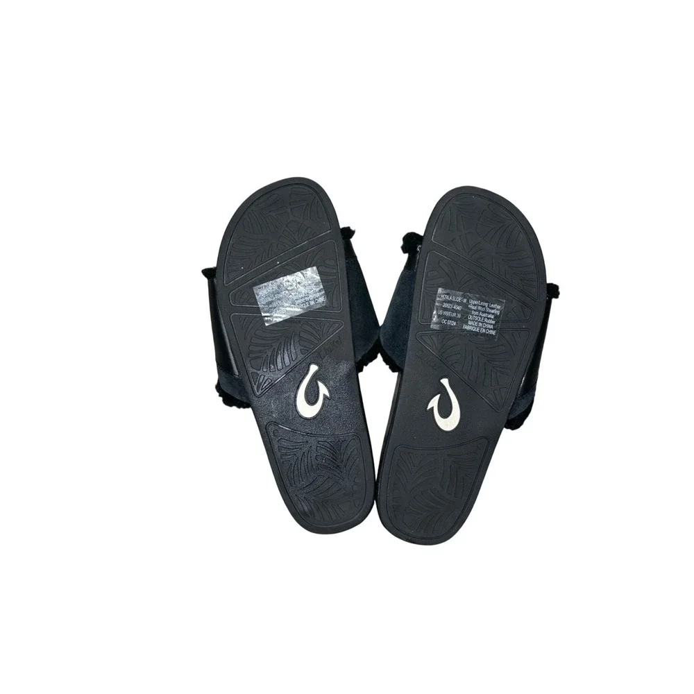 OluKai Hō'ala Leather Slide Sandals Black Leather Wool Shearling US W9 EUR 39 - Picture 2 of 5